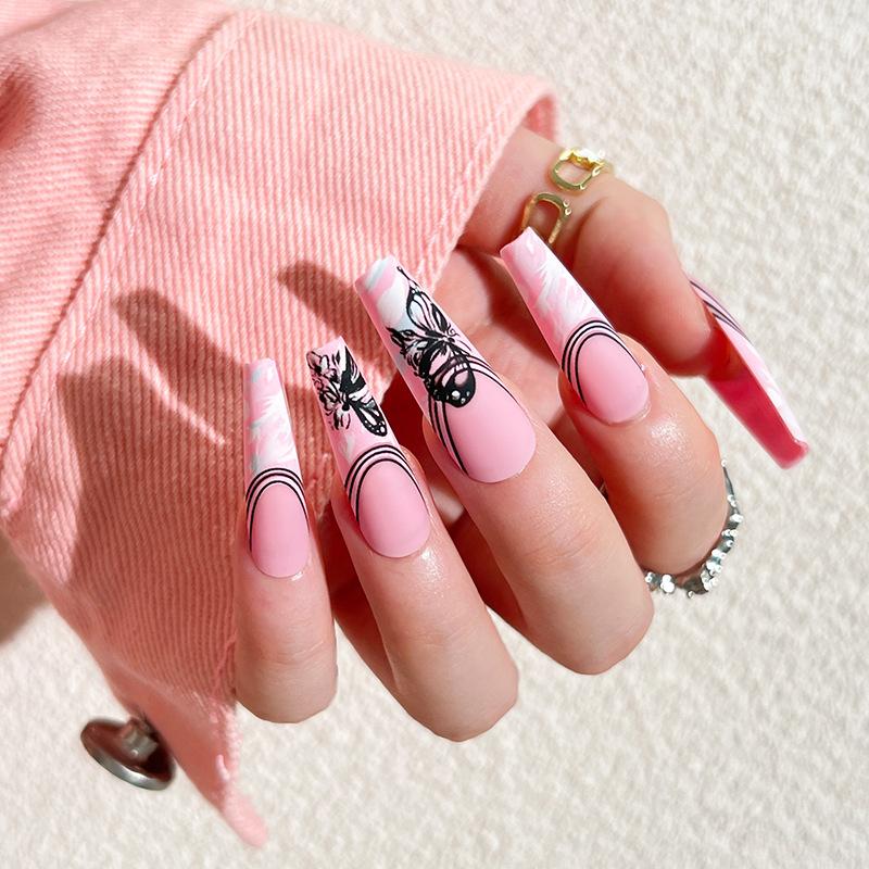 Wear nail sweet cool naked powder long ballet nail piece finished butterfly smudge nail piece finished French black line nail piece