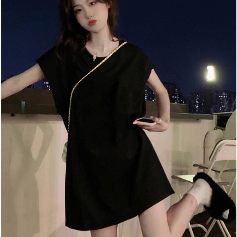 

Женская футболка средней длины, летняя студенческая пижама, топ, маленькая жилетка, домашняя ночная рубашка XXL чёрный