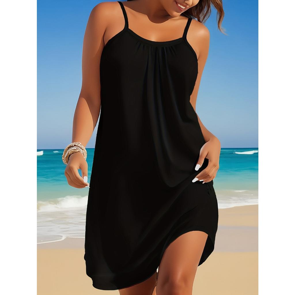 Solid Color Crew Neck Strap Dress, Slim Fit Vacation Beach Dress, Fashion Summer Casual Dress for Women, Hot Selling for Europe America