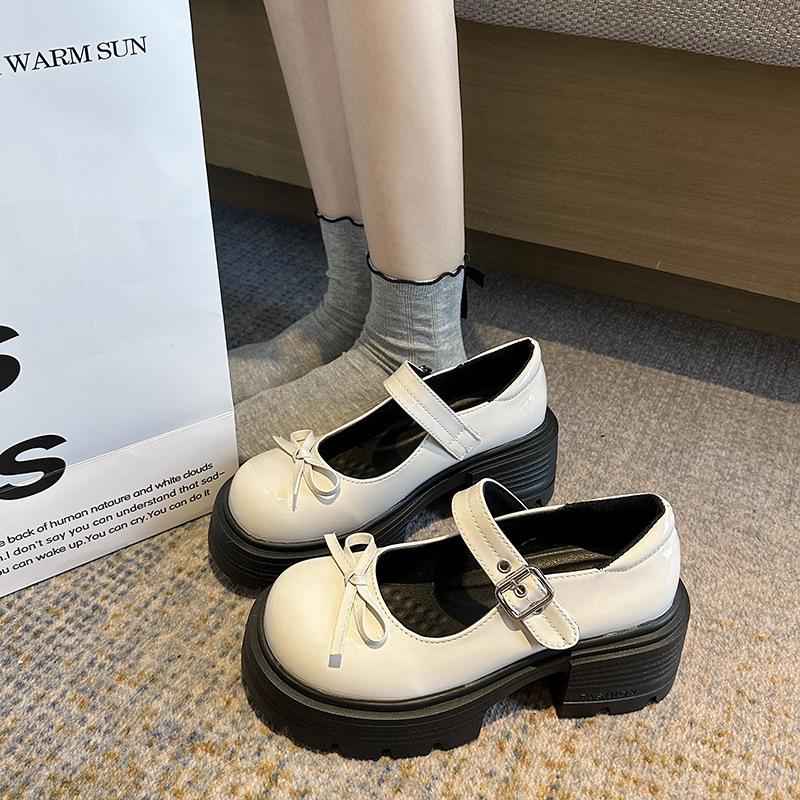 2025 summer and autumn new thick-soled Korean version bow Mary Jane small leather shoes women's shallow mouth round head college style women's singl