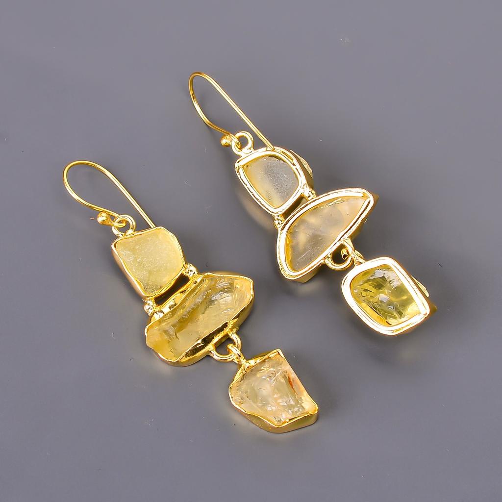Citrine Gemstone Gold Plated Elegant Electroformed Dangle Drop Earrings Jewelry V-116