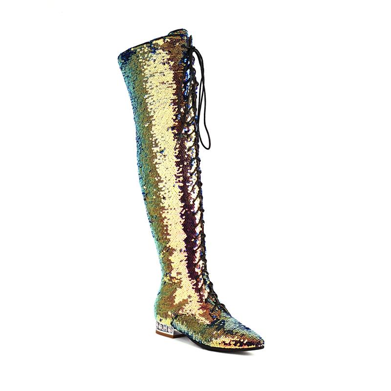 Módní dámské nové špičaté evropské a americké noční kluby flitry nízký podpatek šněrovací velká velikost vysoké nad koleno dlouhé martini boty