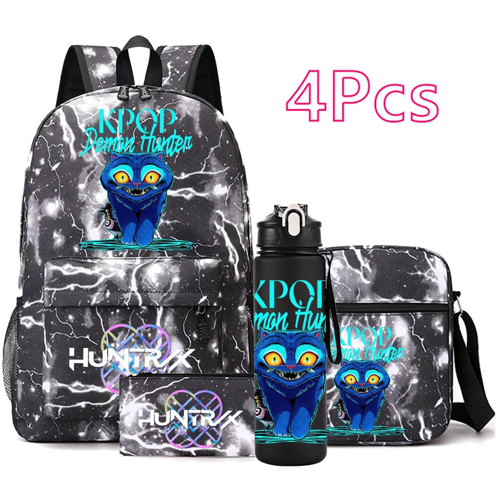 4Pcs/set Cartoon K-pop Printed Backpack Large Capacity Bookbag Shoulder Bag Case Bag with 750ml Water Bottler Boy Girl School Bag Kid Gift