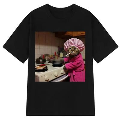 Lustiges Hausfrauen-Katzen-Meme T-Shirt Männer Frauen Vintage Oberteile Kurzärmlig Mode Harajuku Lässig Übergroß Reine Baumwoll-T-Shirts