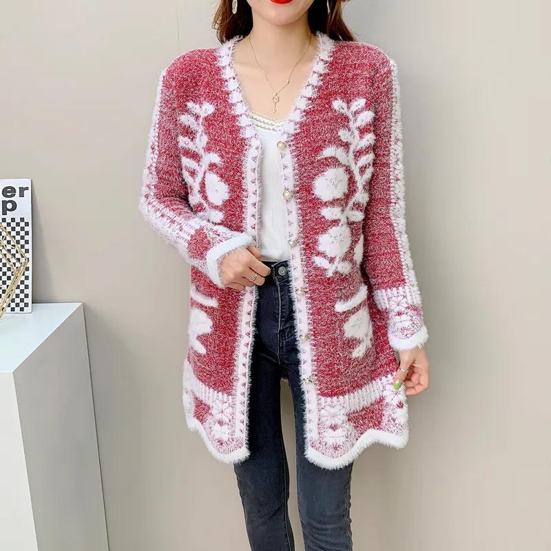 Women's Winter Mid-length Buttons Sexy Slim Imitation Mink Cardigan Sweater Female Knitted Sweater Tops