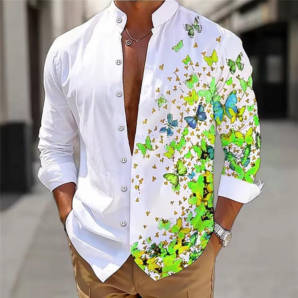Herren Langarmhemd Polyester Umlegekragen Schmetterling Blumenprint
