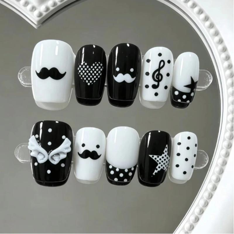 10/30Pcs Short Square Nail Tips Wearable Nail Art Black And White Contrasting Colors With Mustaches Hearts Decor For Women