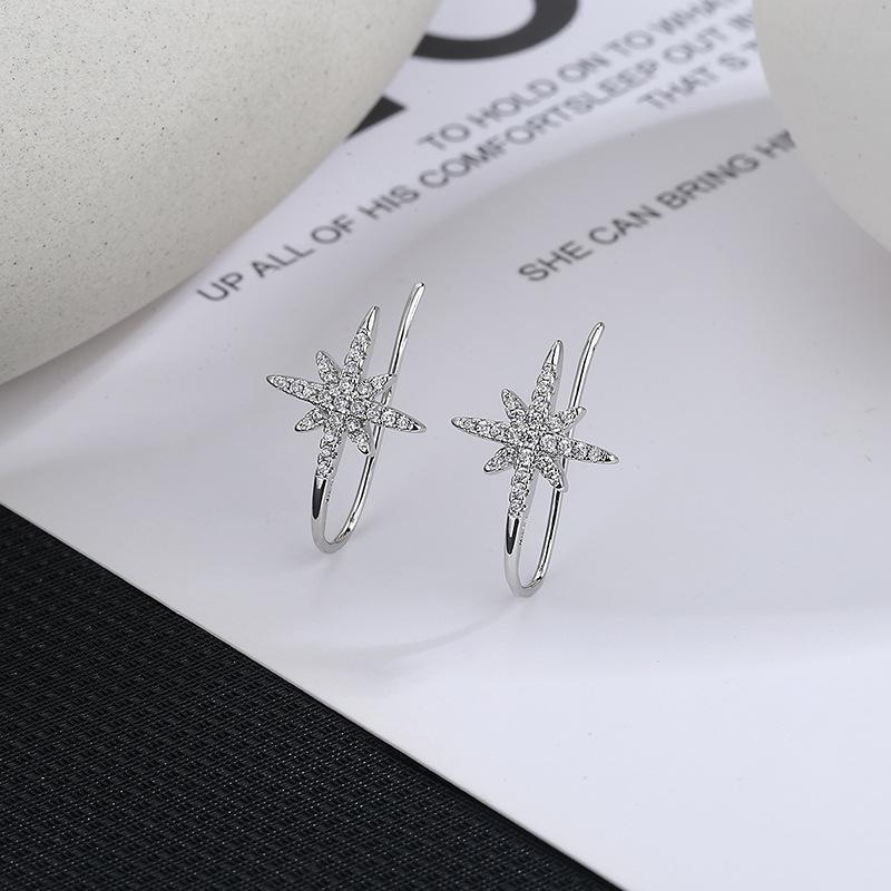 CIAXY Silver Color Eight Pointed Star Earrings for Women Girl Personality Inlaid Zircon Ear Hook Fashion  Jewelry