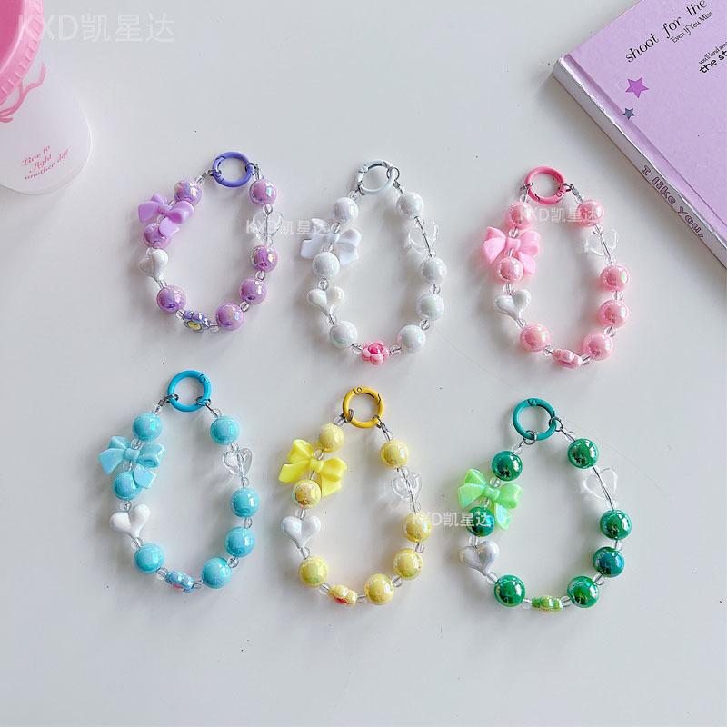 Trendy INS Solid Color Heart Bowknot Beaded Lanyard Universal Phone Case DIY Camera CCD Keychain Bracelet