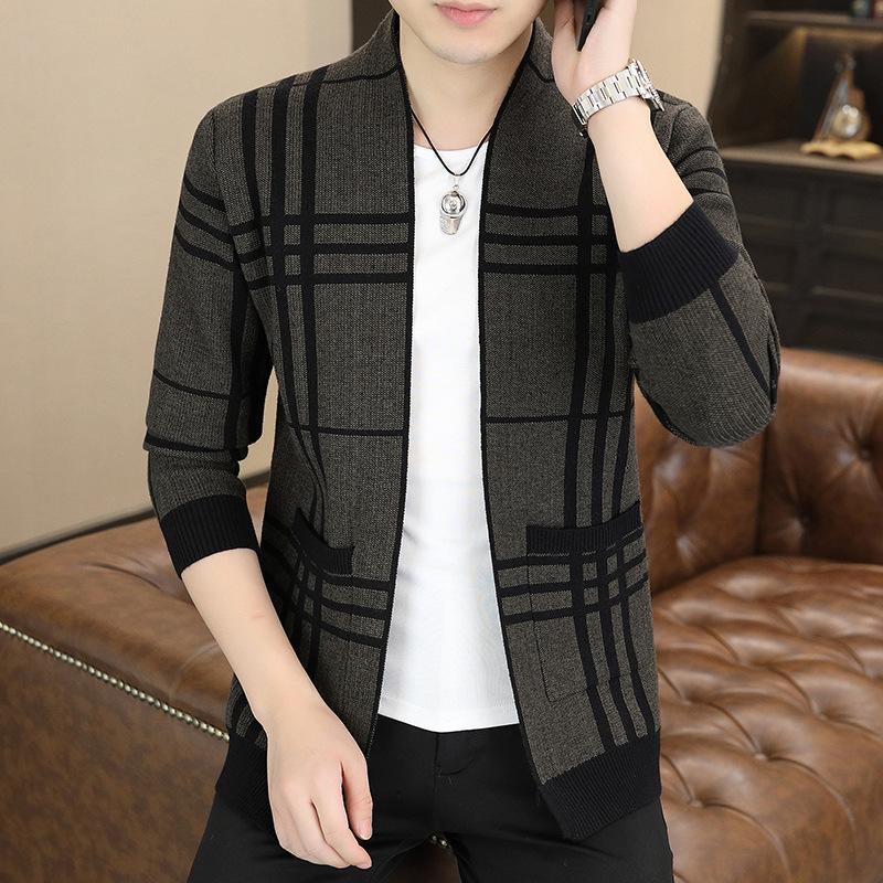 Hot Sale, Men's Long Sleeve Knitted Sweater Plaid Cardigan Youth Fashion Casual Sweater Jacket