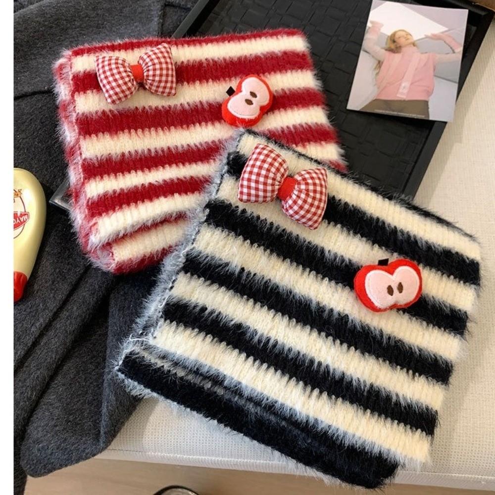 Polyester Warm Winter Scarf Cold Proof Striped Bow Scarf Plush Knitted Neck Scarf Cold Weather