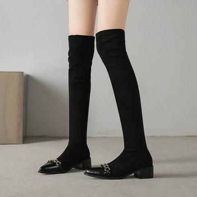 Autumn and Winter Women's Elastic Boots Comfortable Rubber Sole Middle Heel Pointed Large Size Women's Boots Korean Edition Black Over-the-Knee Boots