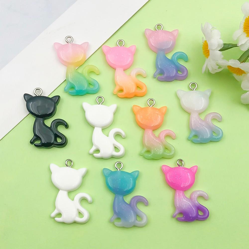 10-Color Gradient Glitter Cartoon Animal Kitten Charms for DIY Handmade Jewelry