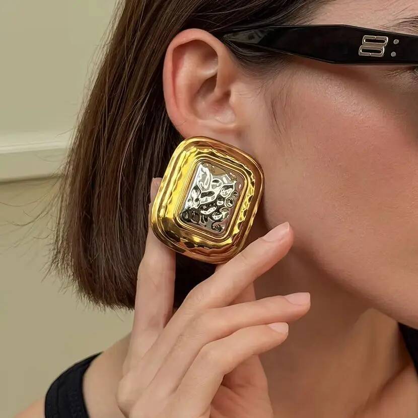 SHIXIN Punk 18K Gold Plated Statement Earrings Women Stainless Steel Square Stud Earring Daily Wear Waterproof Fashion Jewelry