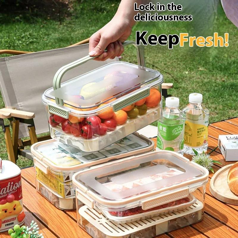 Tragbarer Lebensmittelaufbewahrungsbehälter, große Kapazität, luftdicht, Frischebox mit Abtropfplatte für Picknick im Freien, Camping