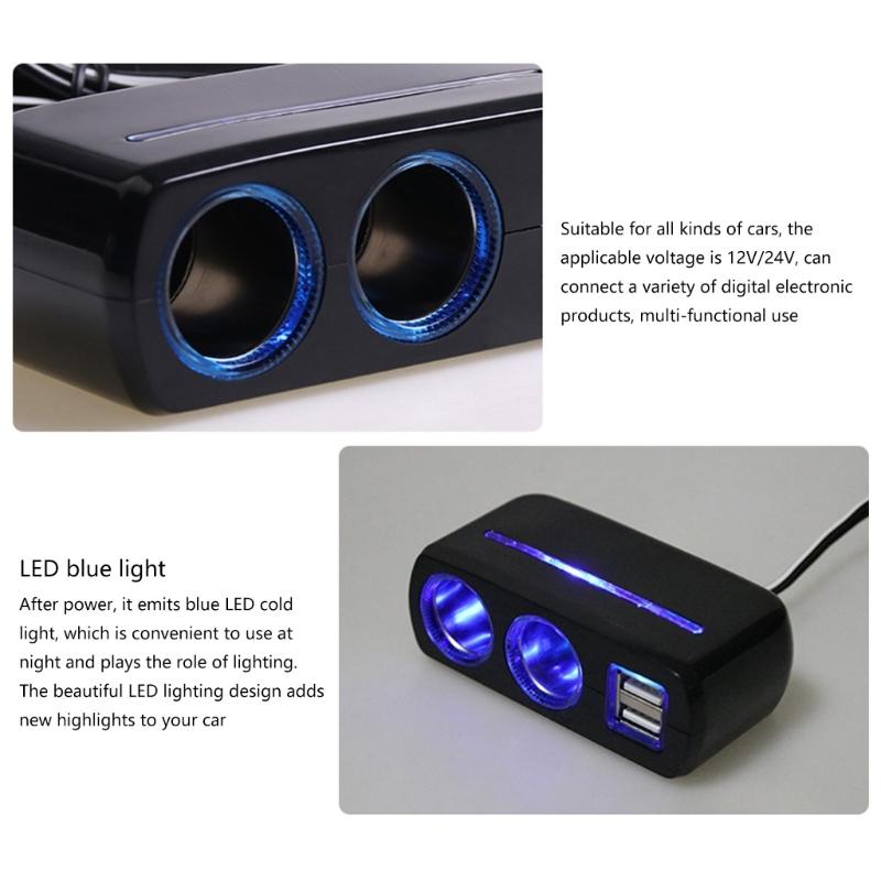 12V/24V Vehicles Lighter Socket Splitter Multiple Device Charging Car Accessory with 2 USB Interfaces Totally 3A Output