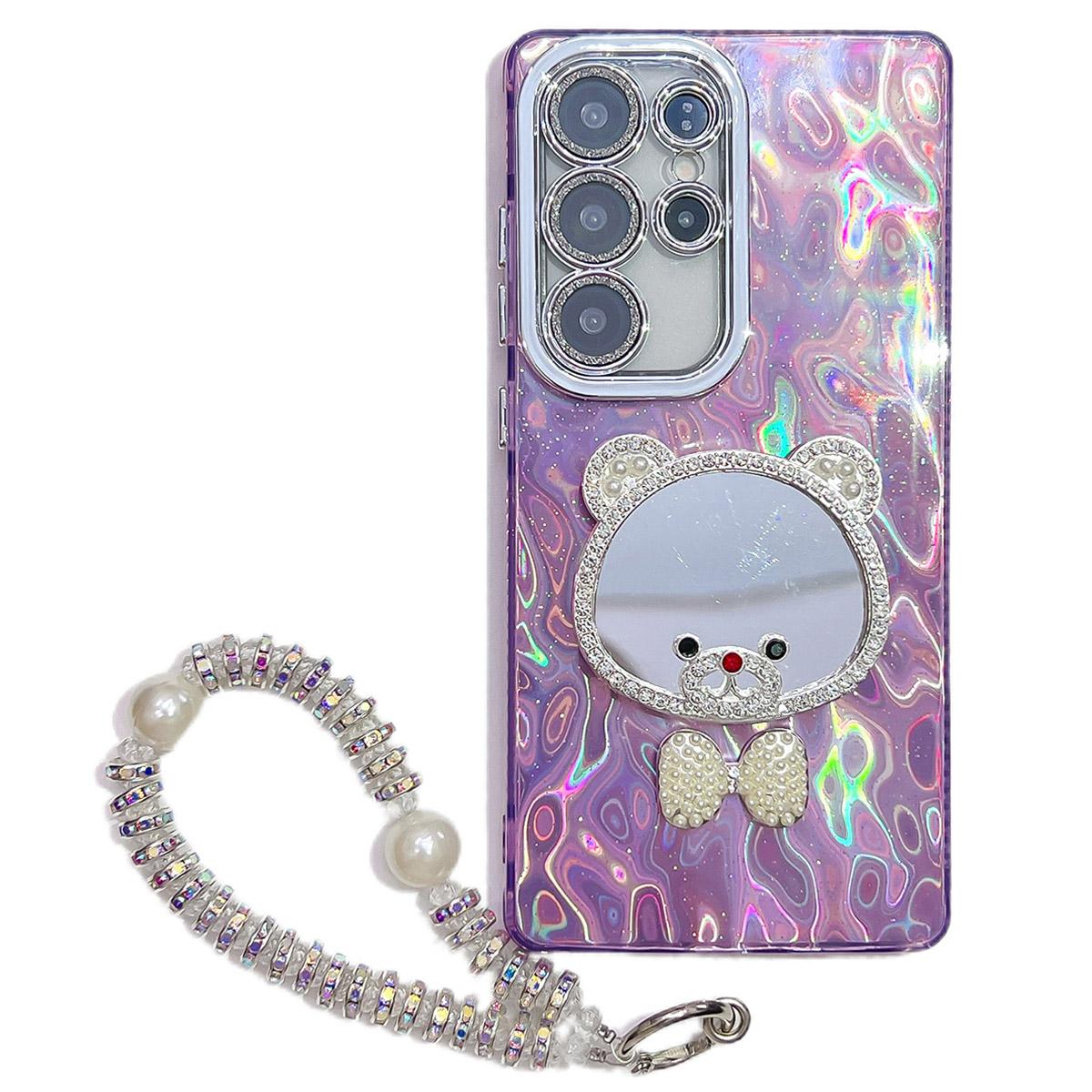 

For Samsung Galaxy S25 Ultra Case with Strap/Mirror IMD PC+TPU Phone Cover with Glass Lens Film Ripple Pattern/Purple