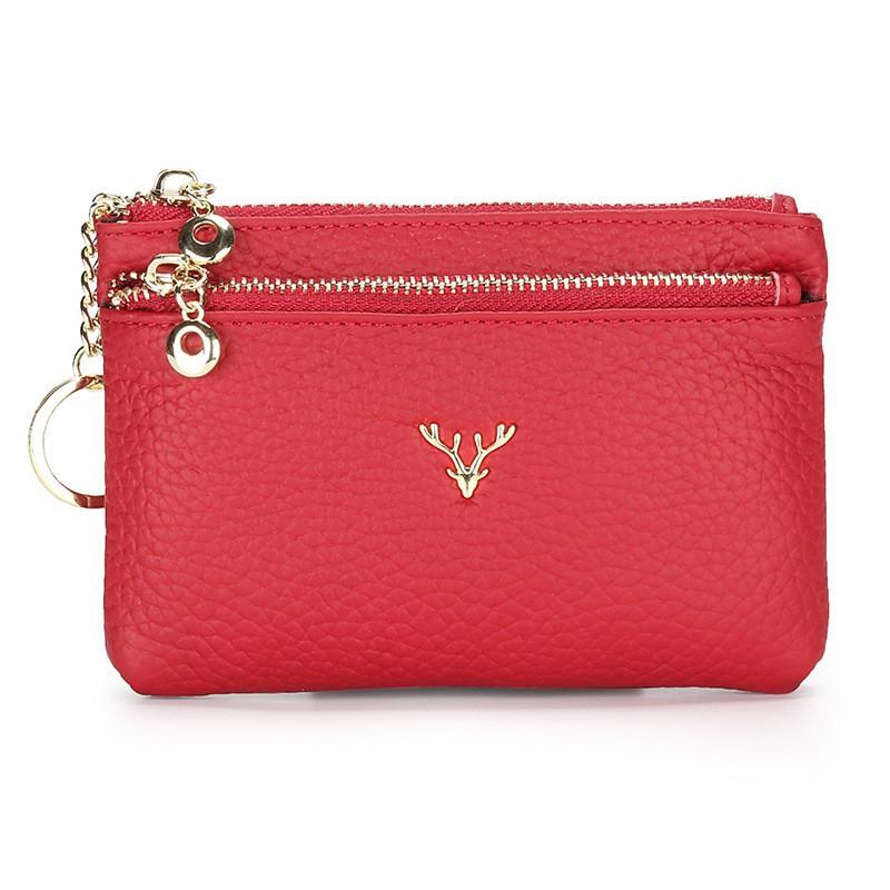 

First-layer Cowhide Mini Change Purse Multi-function Key Bag Fashionable Hardware Deer Head Zipper Coin 13x9x1cm вино красного