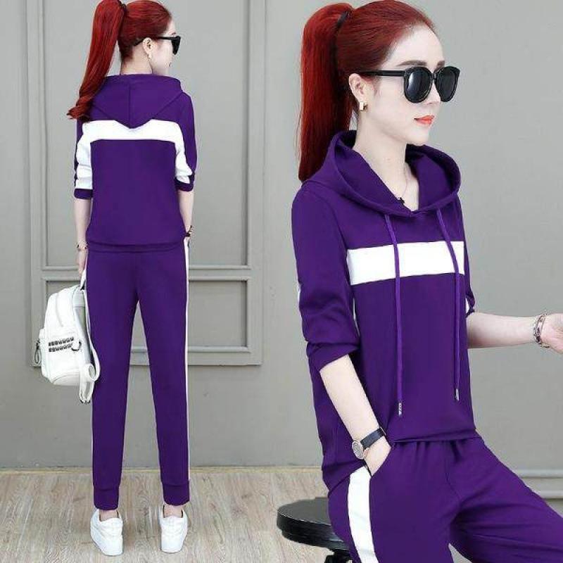 Early Autumn Casual Sports Suit for Women, Korean Style Loose Hooded Sweatshirt, Large Size Sportswear Two-piece Set