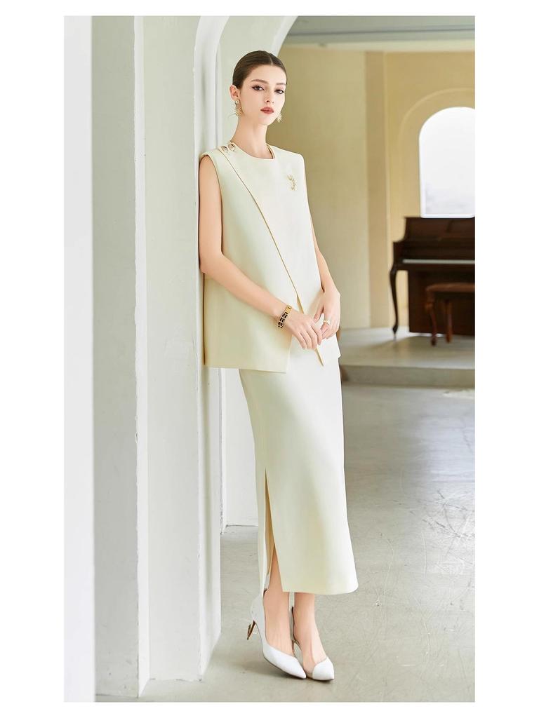 AD Helles Professionelles Zweiteiler-Set: Stilvoller ärmelloser Mantel und Rock für Damen