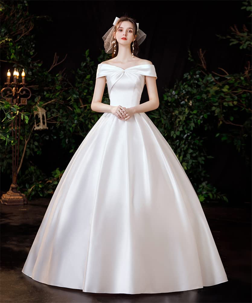JINZUOMA Satin Wedding Dress with Back Elegant and Formal for and Other Occasions Size Women's Off-the-Shoulder Ribbon, Weddings, Concerts, (White, M)