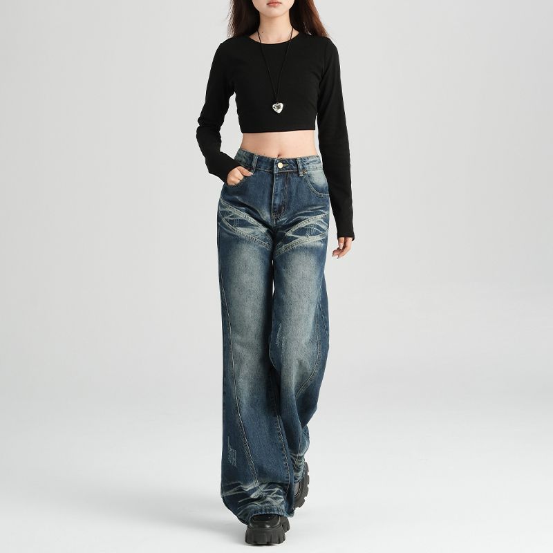 

American Retro Micro-Pull Denim Women s Summer Small Sexy Low Waist Loose without Leg Sticking Straight-leg Flared Pants Retro Blue pants 155-165 XL