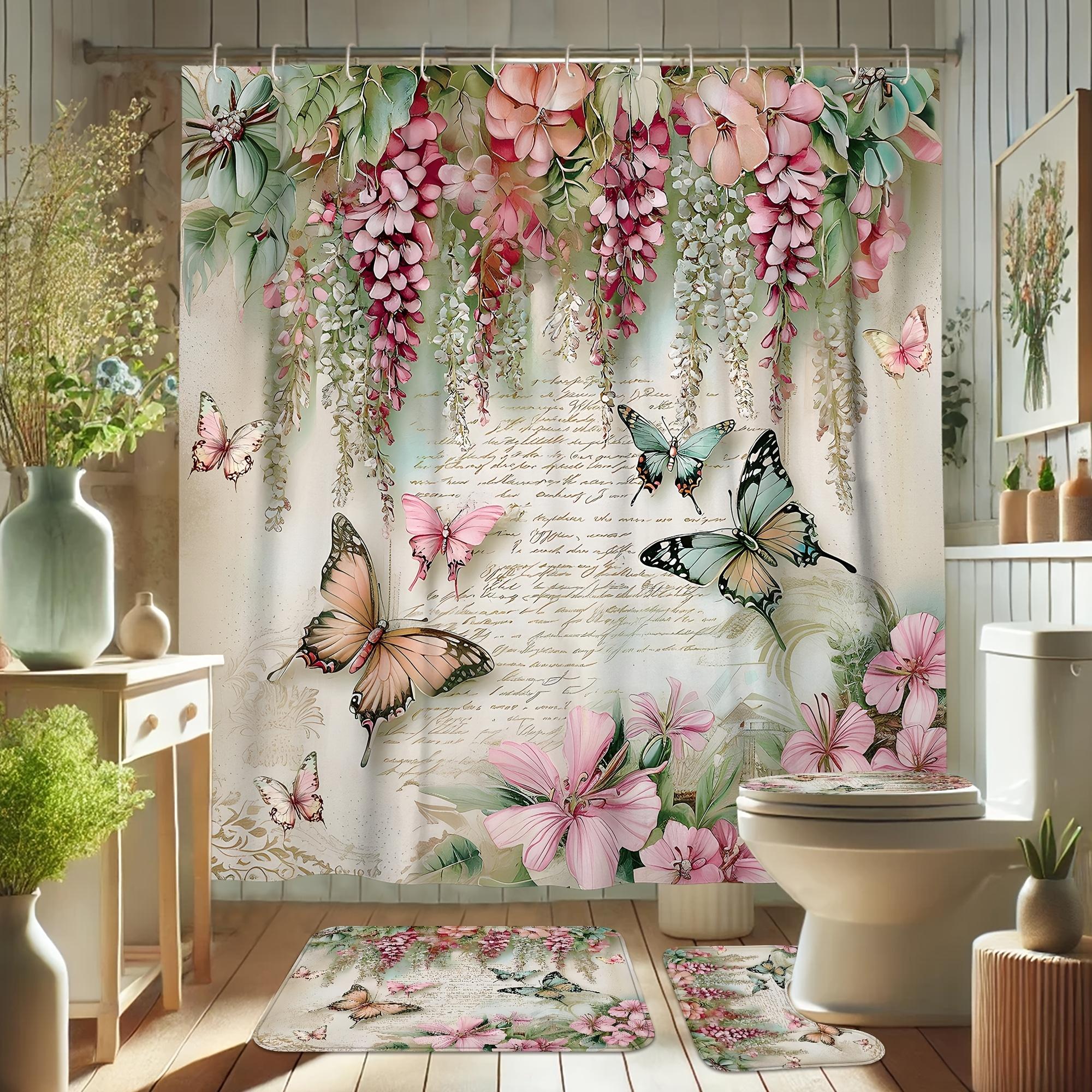 

Spring Floral Shower Curtain Set - Vintage Plant & Butterfly, Green Pink Beige, Non-Slip Bath Mat, U-Shape Toilet Lid Cover W60H190(CM)-1 Pcs