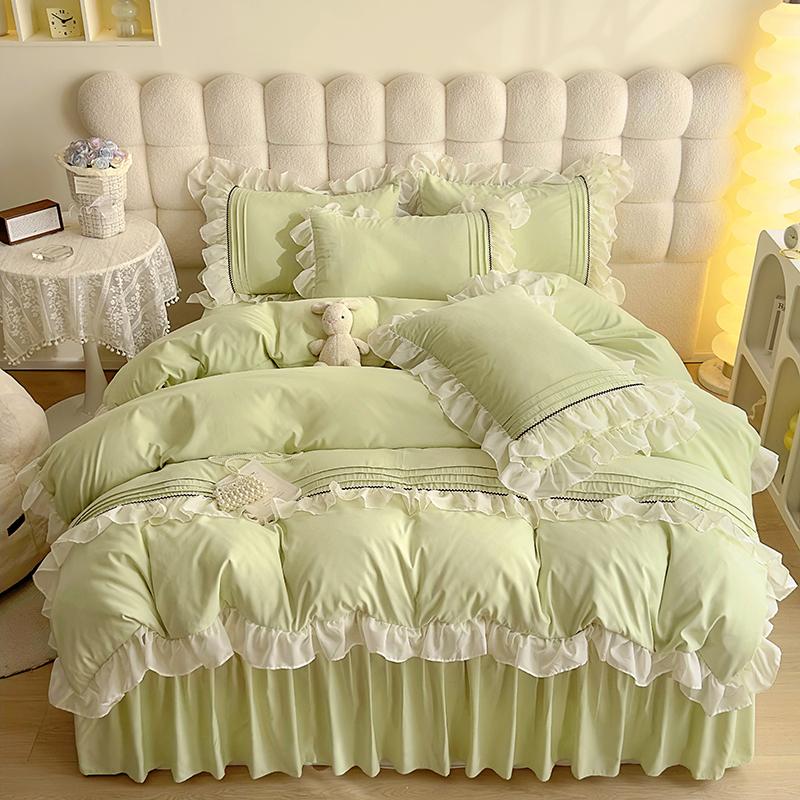 INS Girls Blue Bedding Sets Solid Color Ruffles Lace Kawaii Soft Bed Skirt Sheet Woman Duvet Cover Pillow Covers Quilt Cover