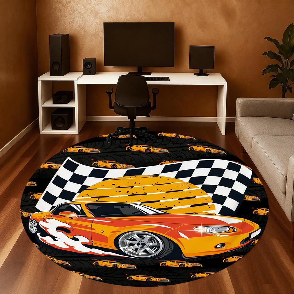 1PC Race Car Flag Round Chair Mat Area Rug - Non-Slip, Floor Mat for Office, Bedroom, and Indoor Decor -Gift D1127221