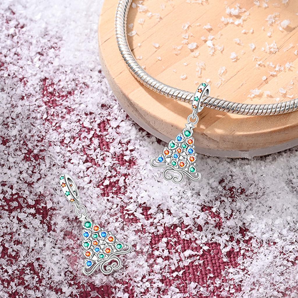 Genuine Copper Charm Luxurious Colored Zircon Christmas Tree Pendants Bead Fits Bracelets DoItYourself Women Delicate Gifts