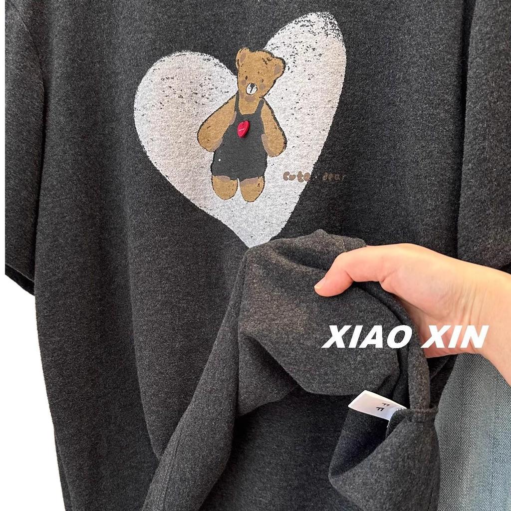 Beautiful Korean Style Plush T-Shirt with Heart and Bear Print - Women's Casual Short-Sleeved Top