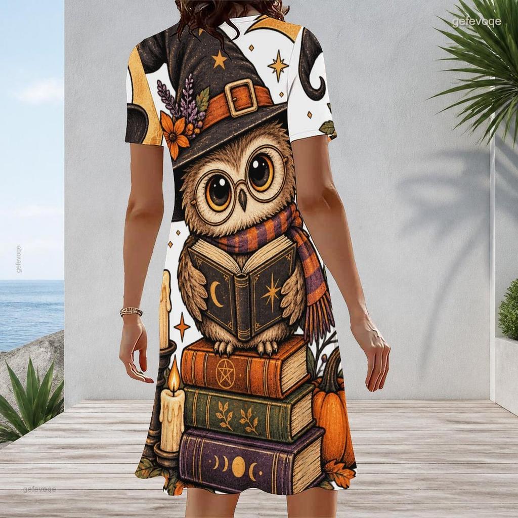 Women Plus Size Round Neck Short Sleeve A Line Dress Cute Cartoon Raccoon Pumpkin Printed