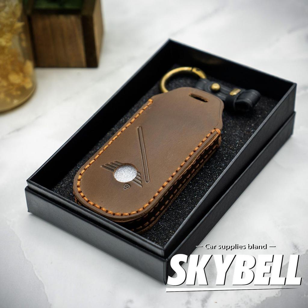 SKYBELL Genuine Leather Key Case for Mini Cooper and U25 BMW Leather Key Smart Key Skybell F65, F66, F67, J01, J05, Minis, Cover, Case, (Brown)