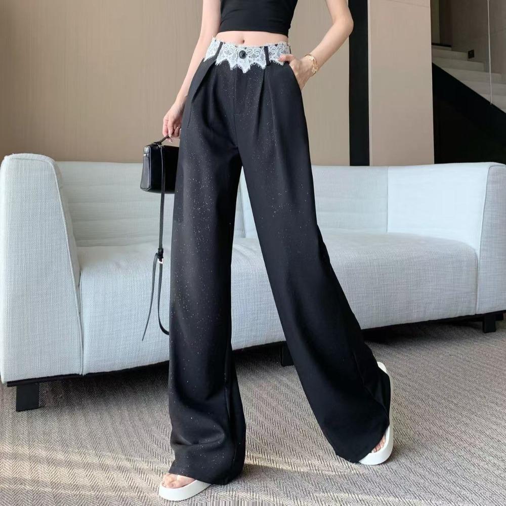 Black Lace-trimmed Casual Suit Pants Women High-waisted Loose Draping Straight-leg Wide-leg Pants That Touch the Ground