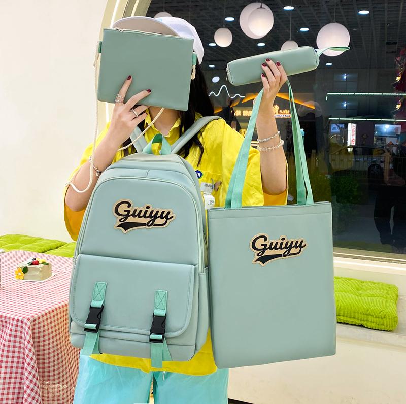 Four-Piece Backpack Set Letter Backpack Senior High School Student Schoolbag Unisex Large Capacity Lightweight Backpack