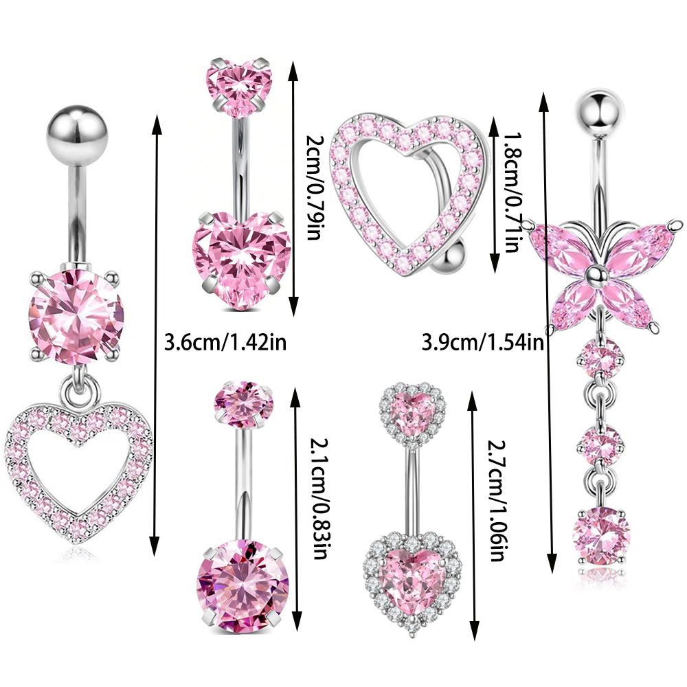 6pcs/set Pink Y2K Sexy Lady Belly Ring Cute Butterfly Heart-Shaped Inlaid Stainless Steel Navel Piercing Zircon Body for Wedding