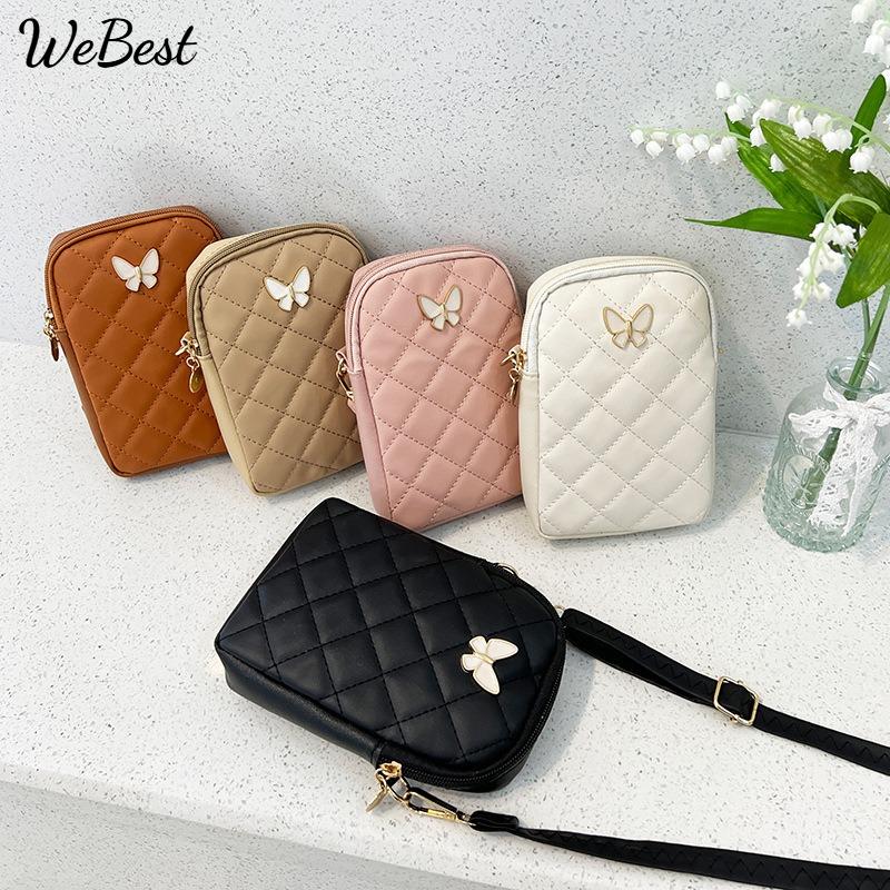 Quilted Mini Crossbody Bag Korean Style Floral Embroidered Phone Purse with Butterfly Detail