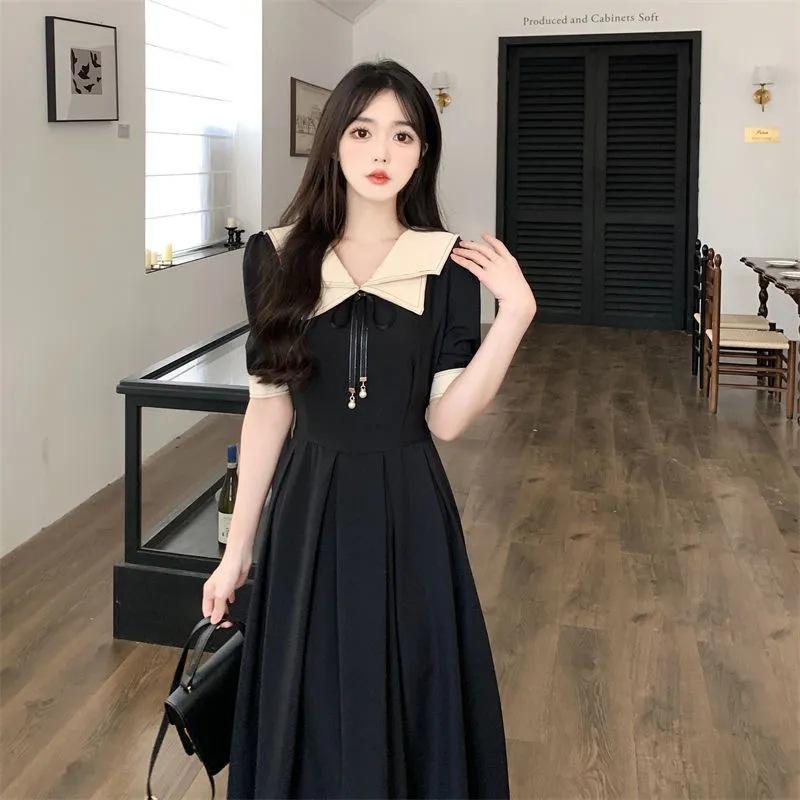 Summer Double Naval Collar Academy Style Short Sleeve Long Dress Children Large Size Dress