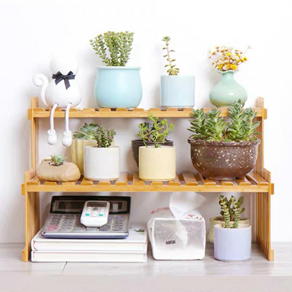 A47 2 Tier Bamboo Plant Stand Holder for Succulents/Office/Living Room/Balcony Plant Pot Display Rack Shelf