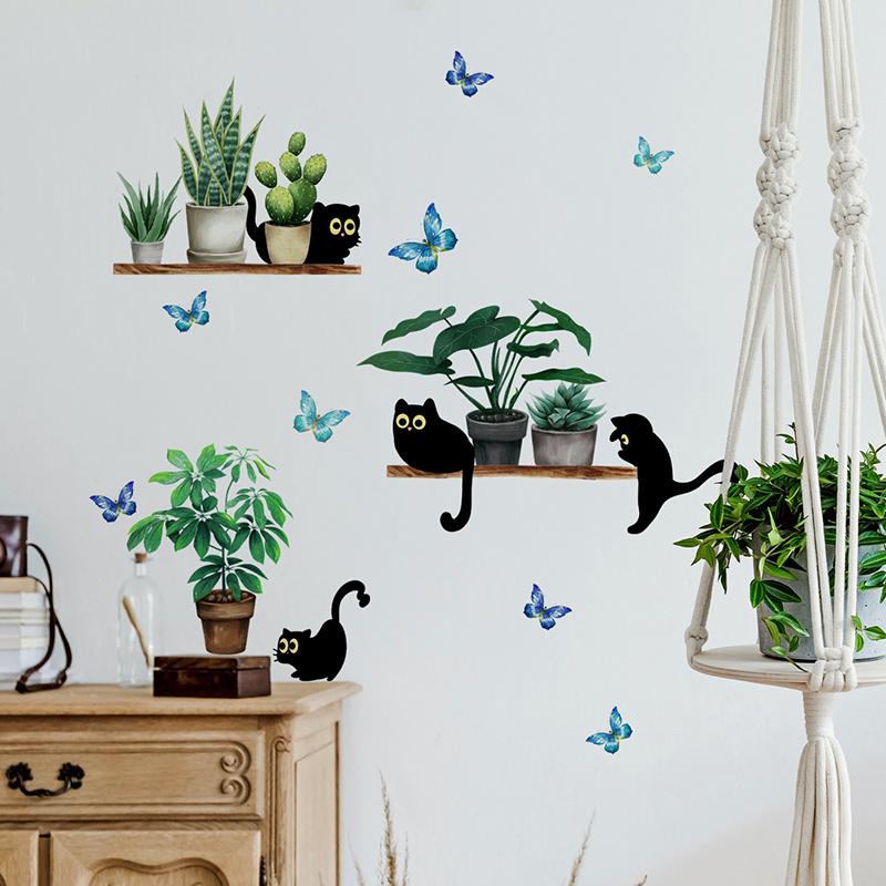 Green Plant Potted Black Cat Wall Sticker Living Room Background Decor Kitchen Home Decoration Self-Adhesive Decals