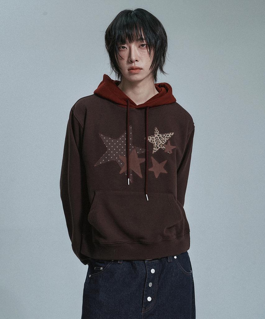 Multi Star Applique Color Block Hoodie - Chocolate Brown