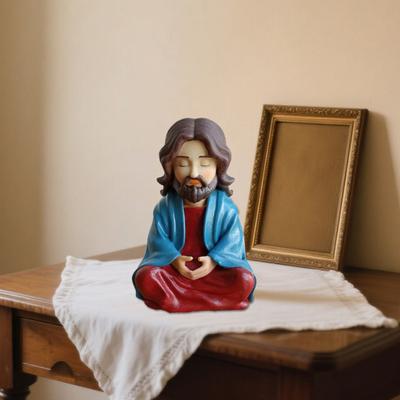 Meditating Cartoon Jesus Figurine Hand-Painted Jesus Statue Sculpture Religious Easter Christmas Desktop Decoration Ornament