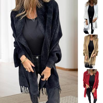 Inverno Outono Mulheres Jaqueta Grossa Fleece Franja Borla Bainha Mangas Longas Morcego