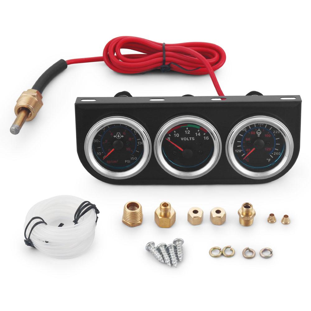 

2-дюймовая черная панель Температура воды Фаренгейт/Цельсий+Вольтметр+Датчик давления масла PSI кг/см² Механический тройной комплект датчиков Желтая подсветка