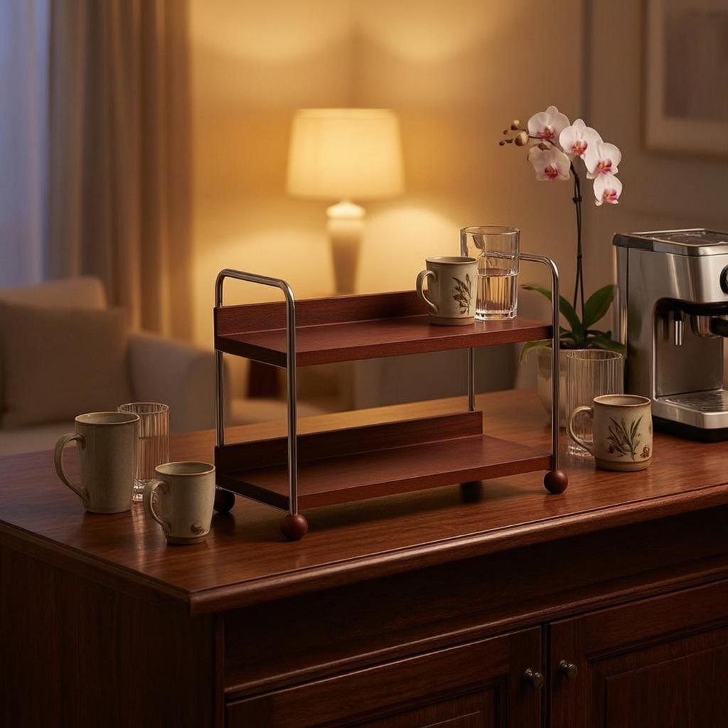 TwoTier Mug Rack Raised Rails Wood and Steel Cup Organizer Wooden Countertop Shelf