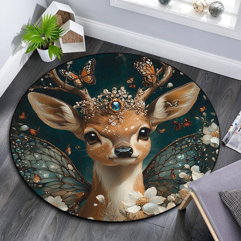 Deer with Flowers Round Area Rug,Carpet Rug for Living Room Bedroom Sofa Playroom Decor,Non-slip Floor Mat