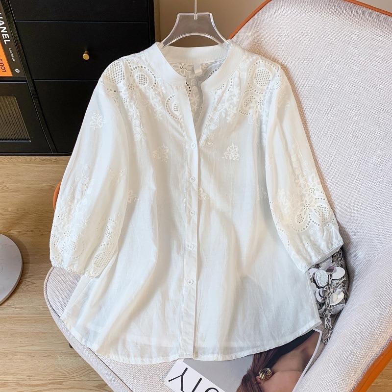Women Stand Collar Hollow Floral Embroidery Puff Three Quarter Sleeve Cotton Button Down Blouse