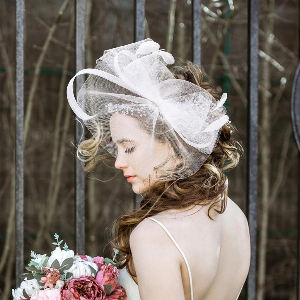 Vintage White Bow Knot Fascinator Hat with Mesh Veil Headpiece for Women Wedding Tea Party Church Special Occasion Accessories