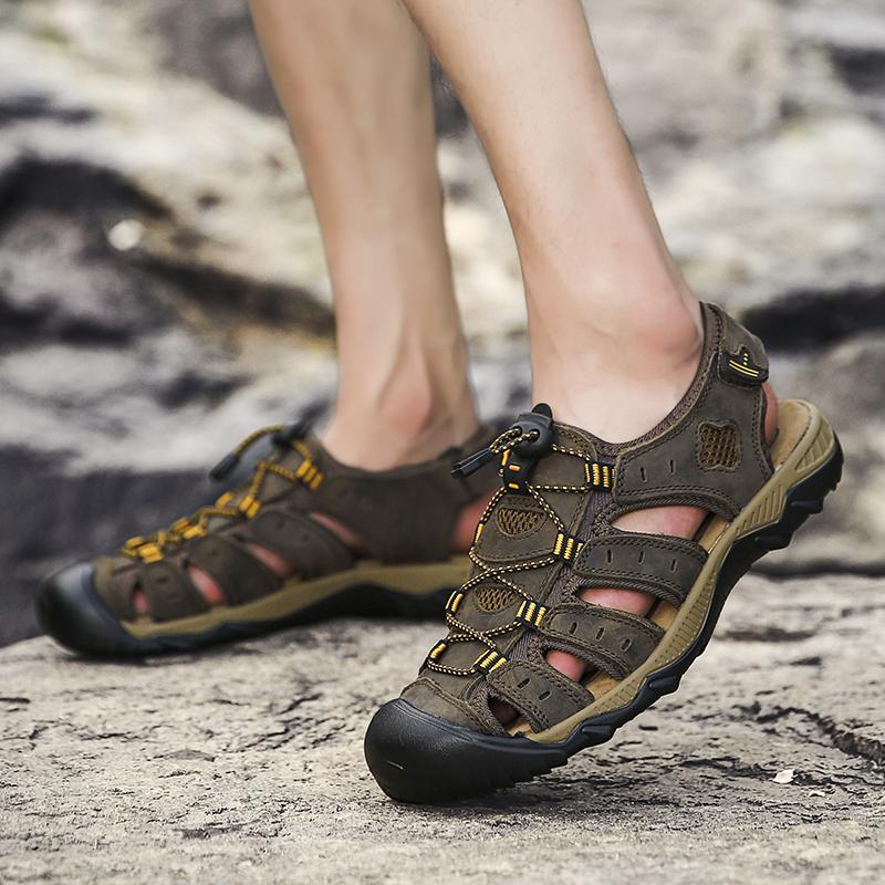 Men Hiking Sandals Green Leather Sandals Outdoor Summer Brown Roman Sandals Beach Shoes Plus Size