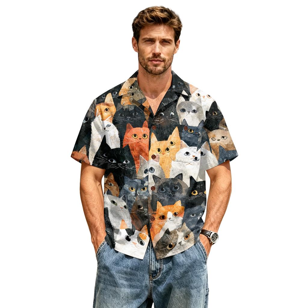 Herren Freizeit Hemd Kurzarm Leinen Baumwolle Mischung Button-Down Kragen Leichtes Sommer Top mit Katzenmuster Druck Entspannte Passform